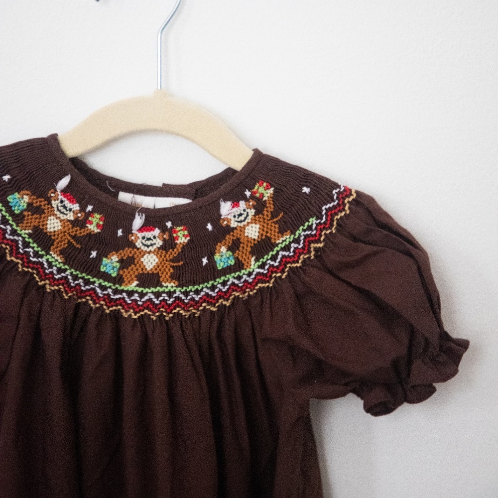 SOLD Baby Girl Smocked Christmas Monkey Dress